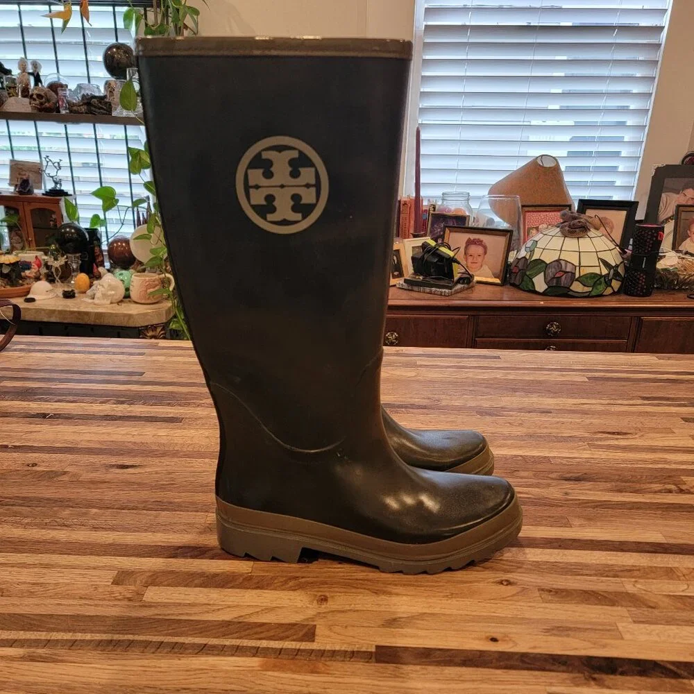Tory Burch Tall Logo Black & Gray Rubber Rain Boots